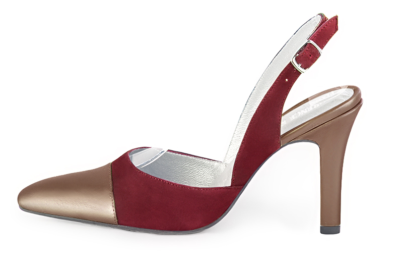 Copper gold and burgundy red women's slingback shoes. Tapered toe. Very high kitten heels. Profile view - Florence KOOIJMAN